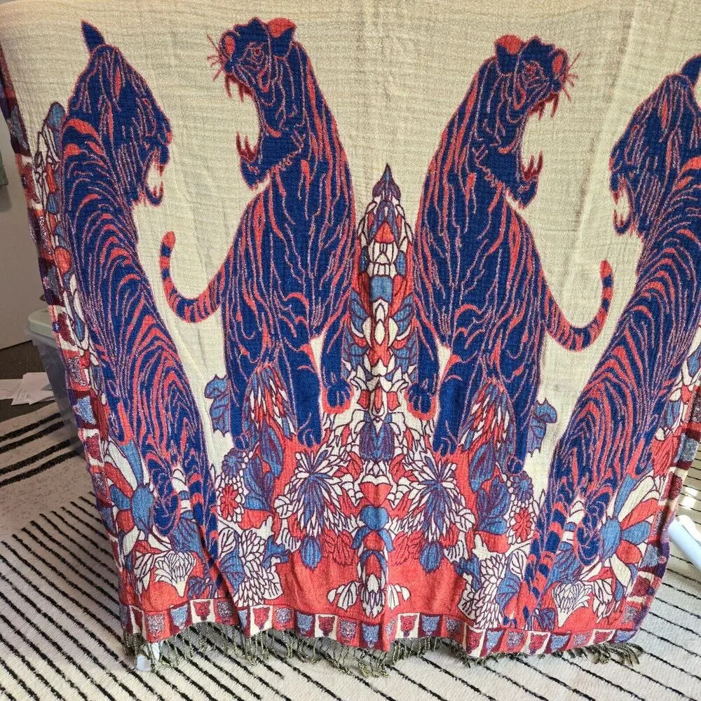 Reversible Tibetan Bengal Tiger Jungalow Print Blanket Shawl Throw 36